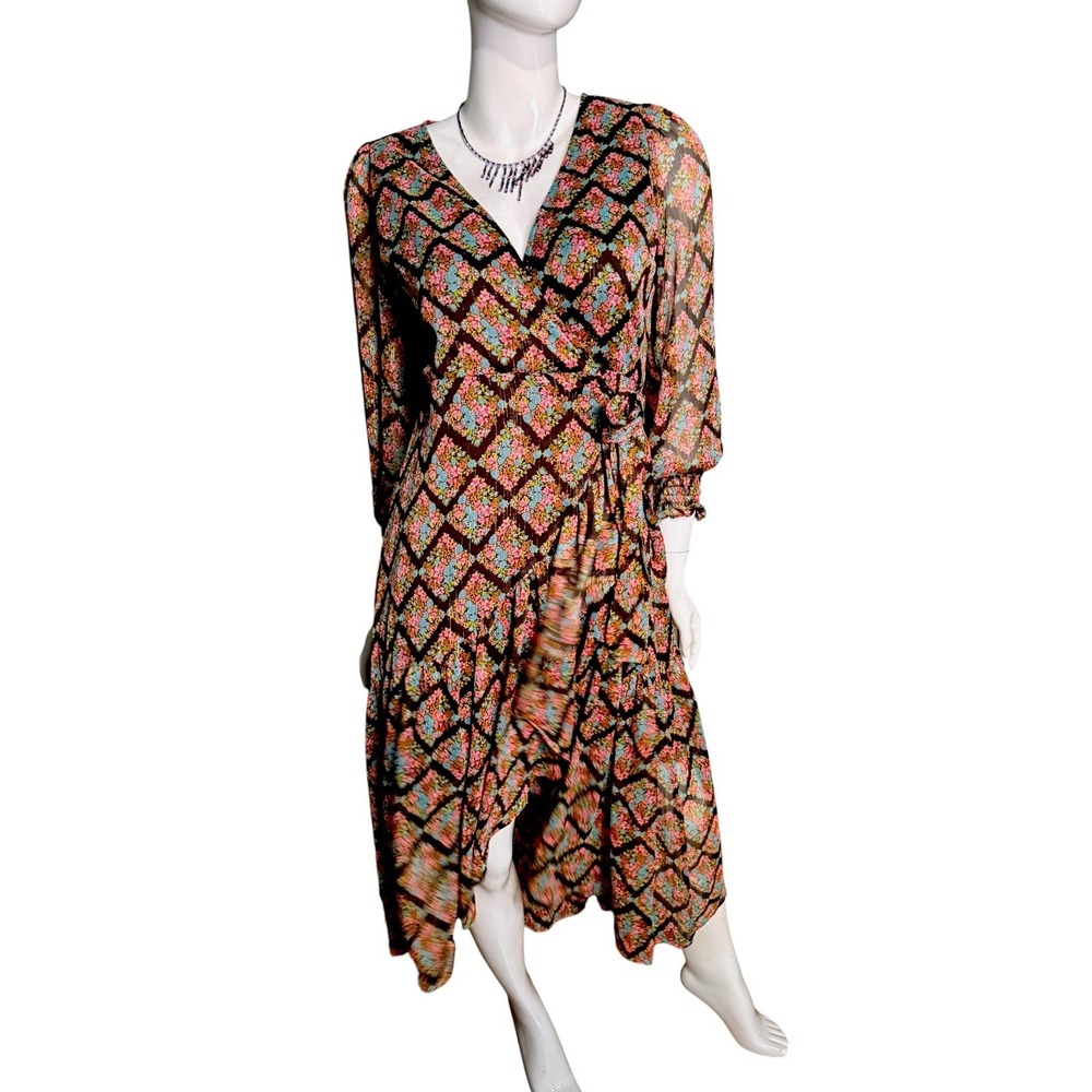 LC Lauren Conrad boho Floral Diamond Wrap Dress Metallic Gold Lurex Black PS